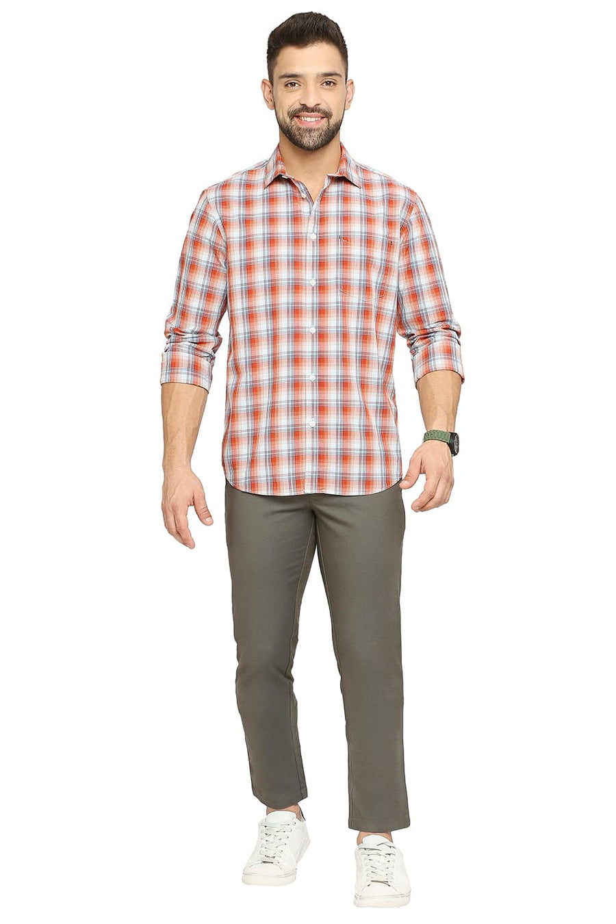 BASICS SLIM FIT PAPRIKA ORANGE COTTON CHECKS SHIRT