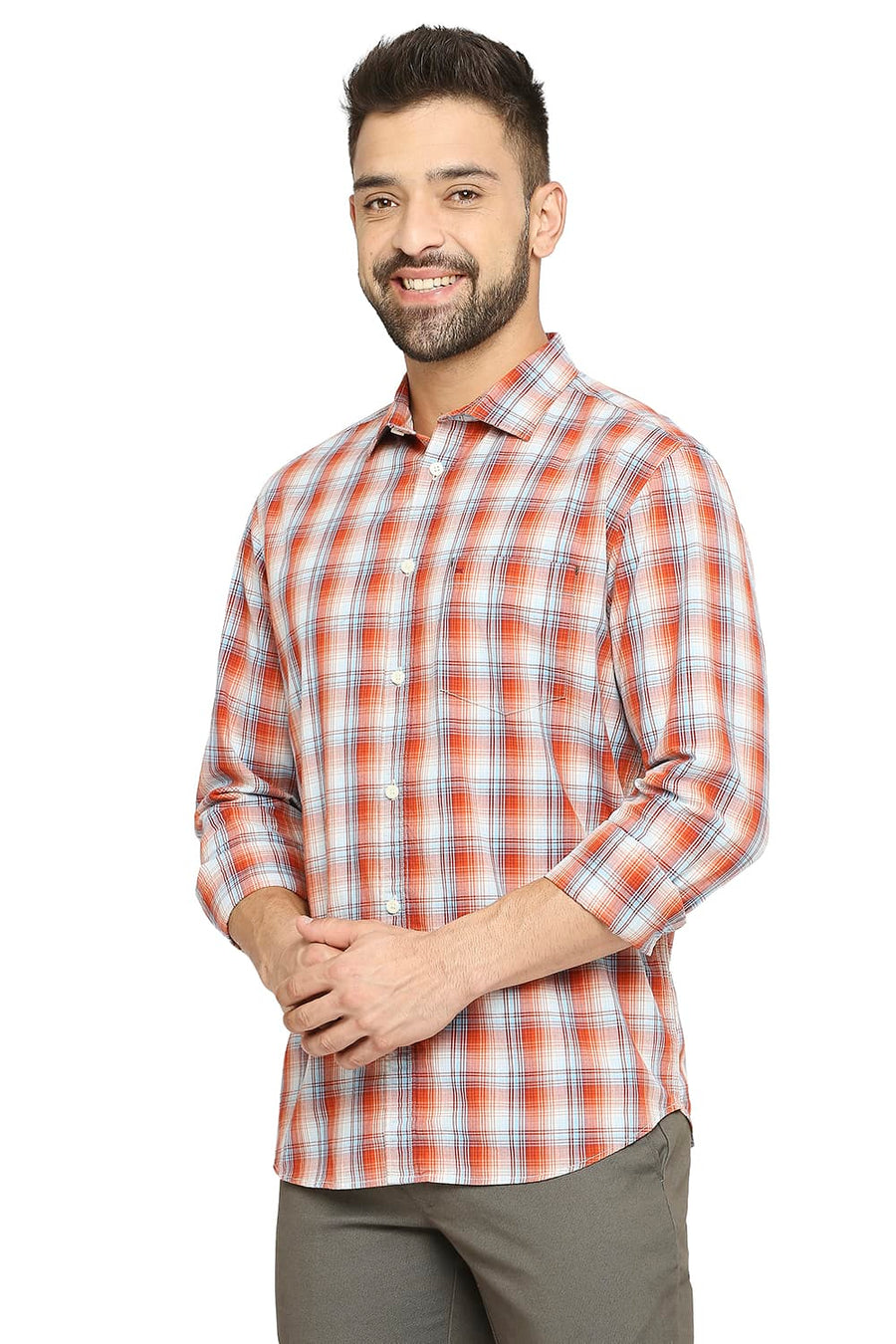 BASICS SLIM FIT PAPRIKA ORANGE COTTON CHECKS SHIRT