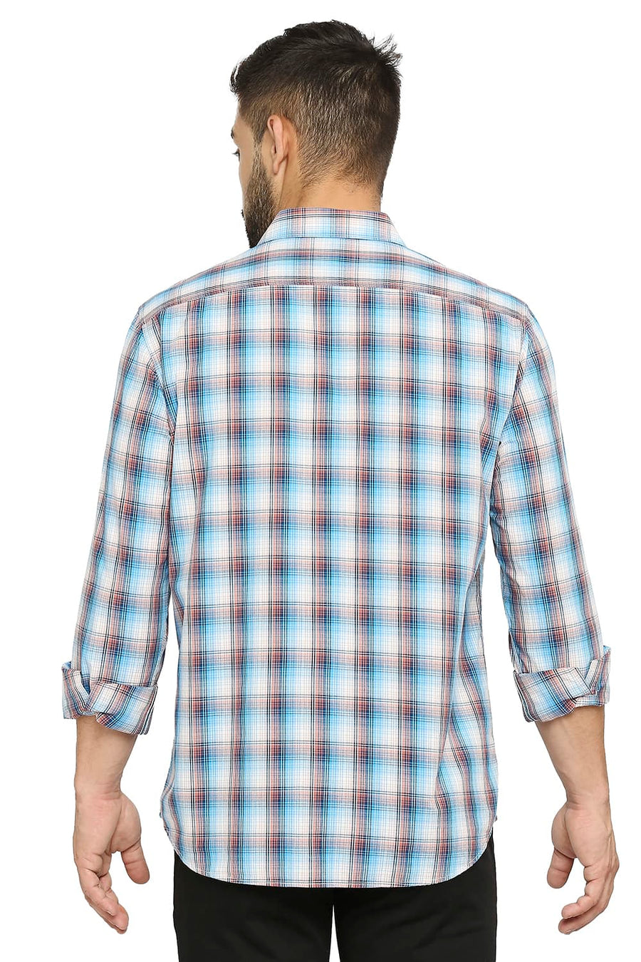 BASICS SLIM FIT LICHEN BLUE COTTON CHECKS SHIRT