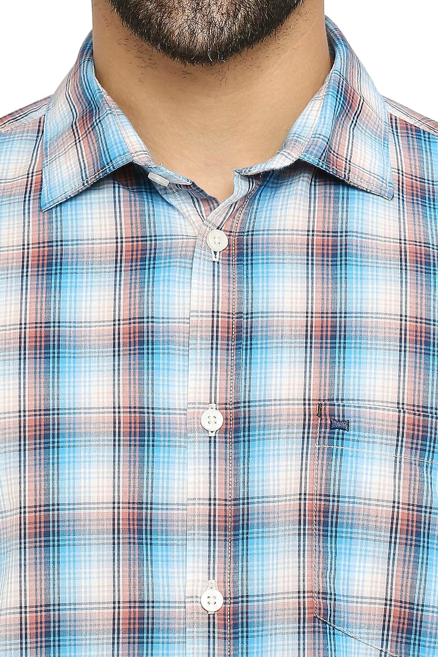 BASICS SLIM FIT LICHEN BLUE COTTON CHECKS SHIRT