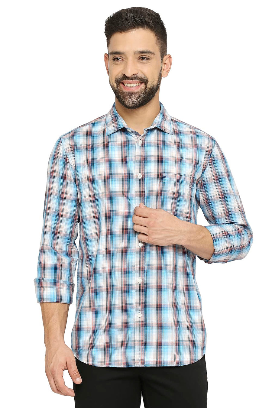 BASICS SLIM FIT LICHEN BLUE COTTON CHECKS SHIRT