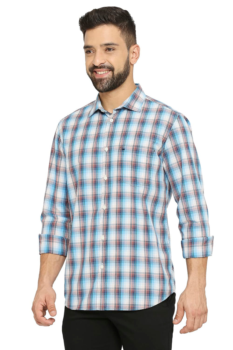BASICS SLIM FIT LICHEN BLUE COTTON CHECKS SHIRT