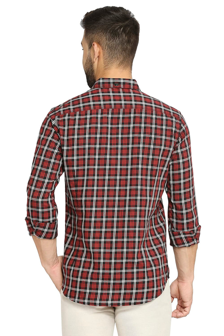 BASICS SLIM FIT SALSA RED COTTON TWILL CHECKS SHIRT