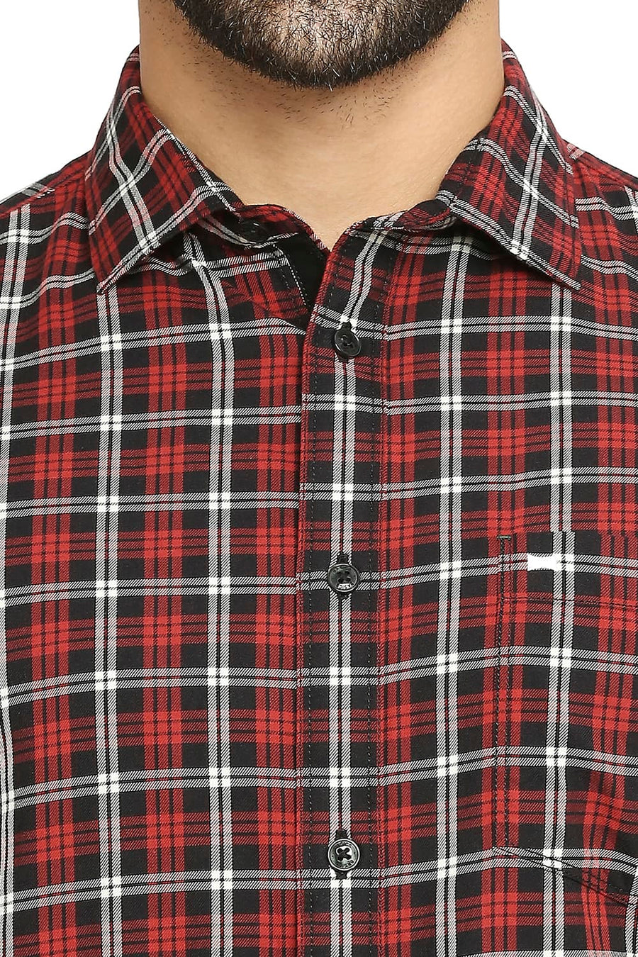 BASICS SLIM FIT SALSA RED COTTON TWILL CHECKS SHIRT