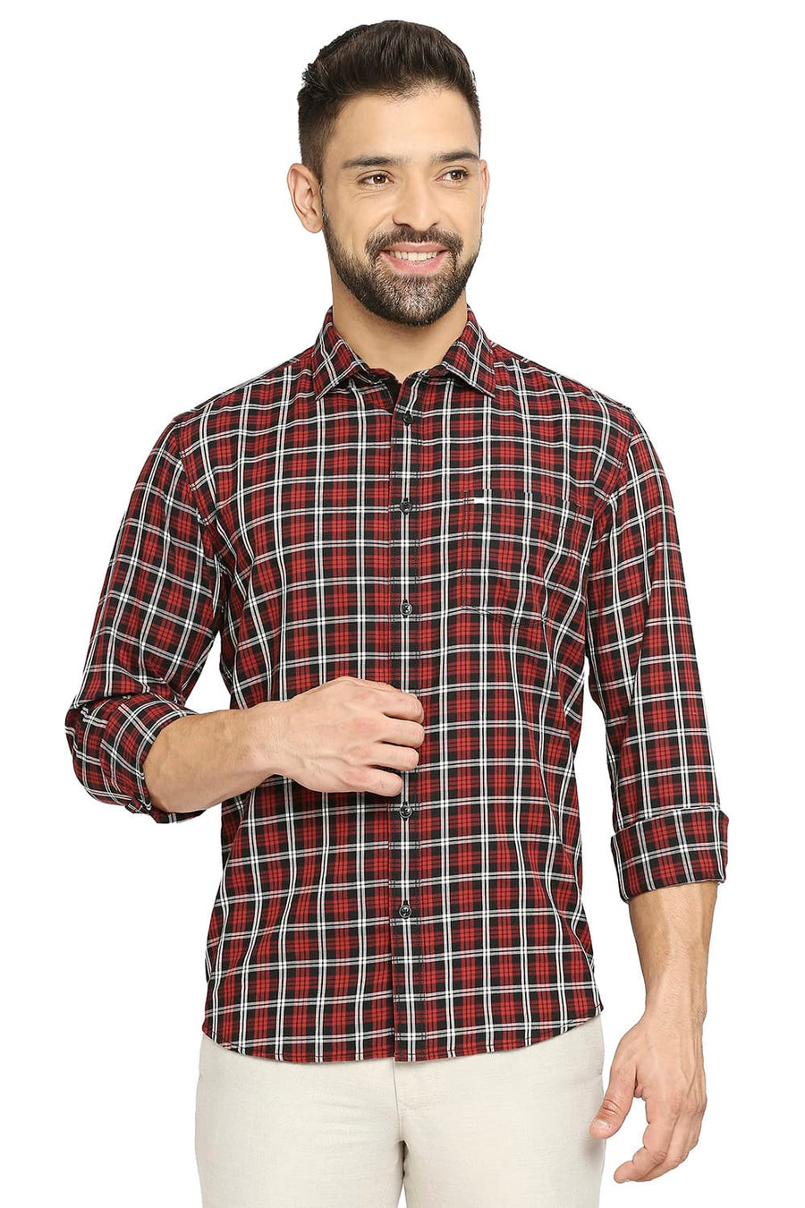 BASICS SLIM FIT SALSA RED COTTON TWILL CHECKS SHIRT
