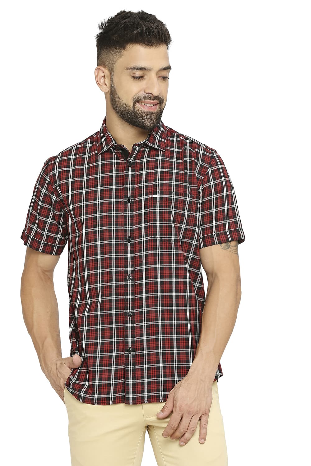 BASICS SLIM FIT COTTON TWILL CHECKS SHIRT