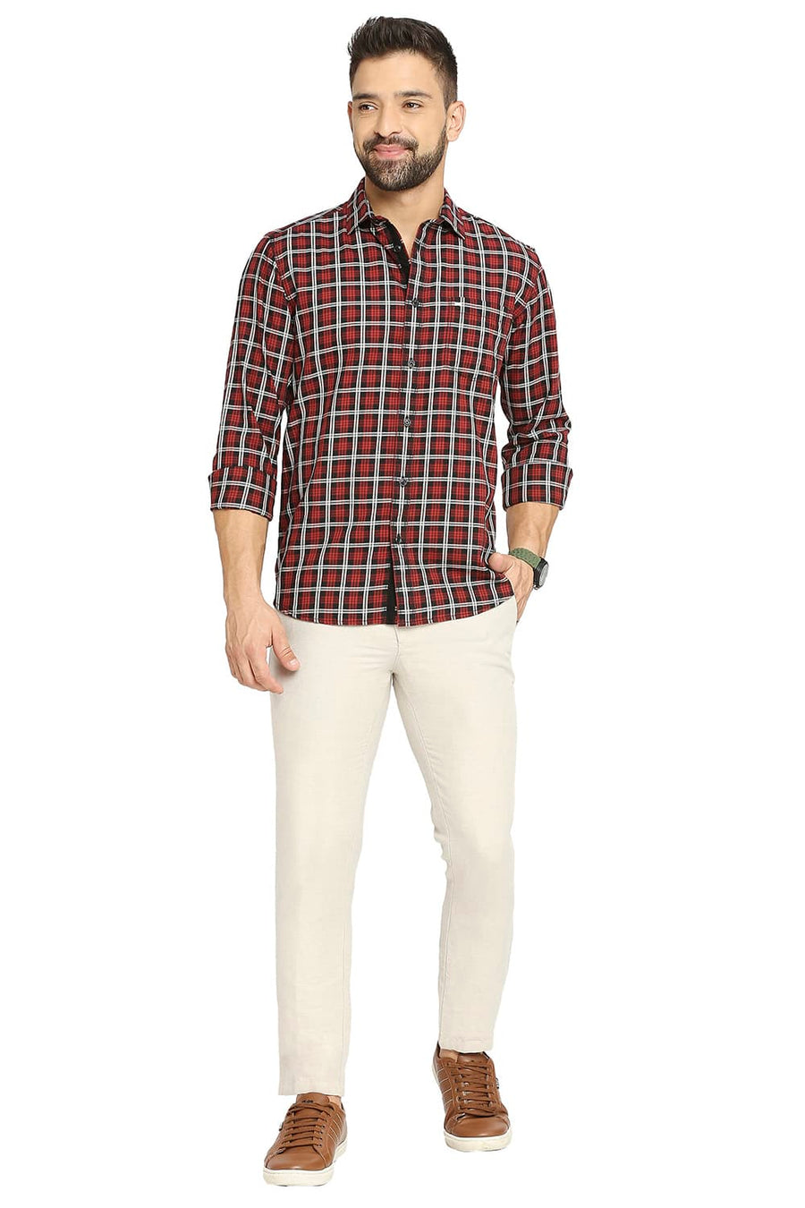 BASICS SLIM FIT SALSA RED COTTON TWILL CHECKS SHIRT