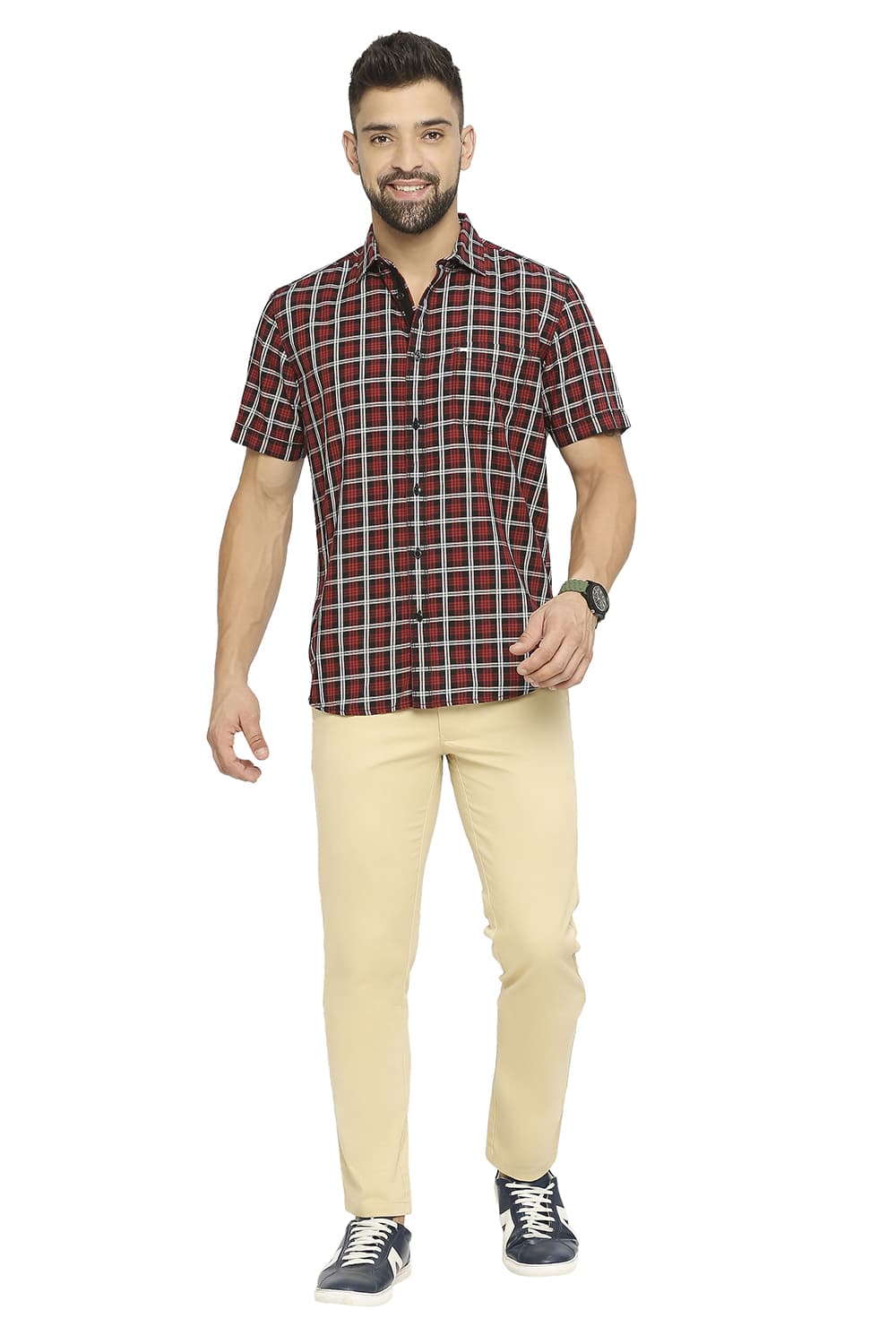 BASICS SLIM FIT COTTON TWILL CHECKS HALFSLEEVES SHIRT