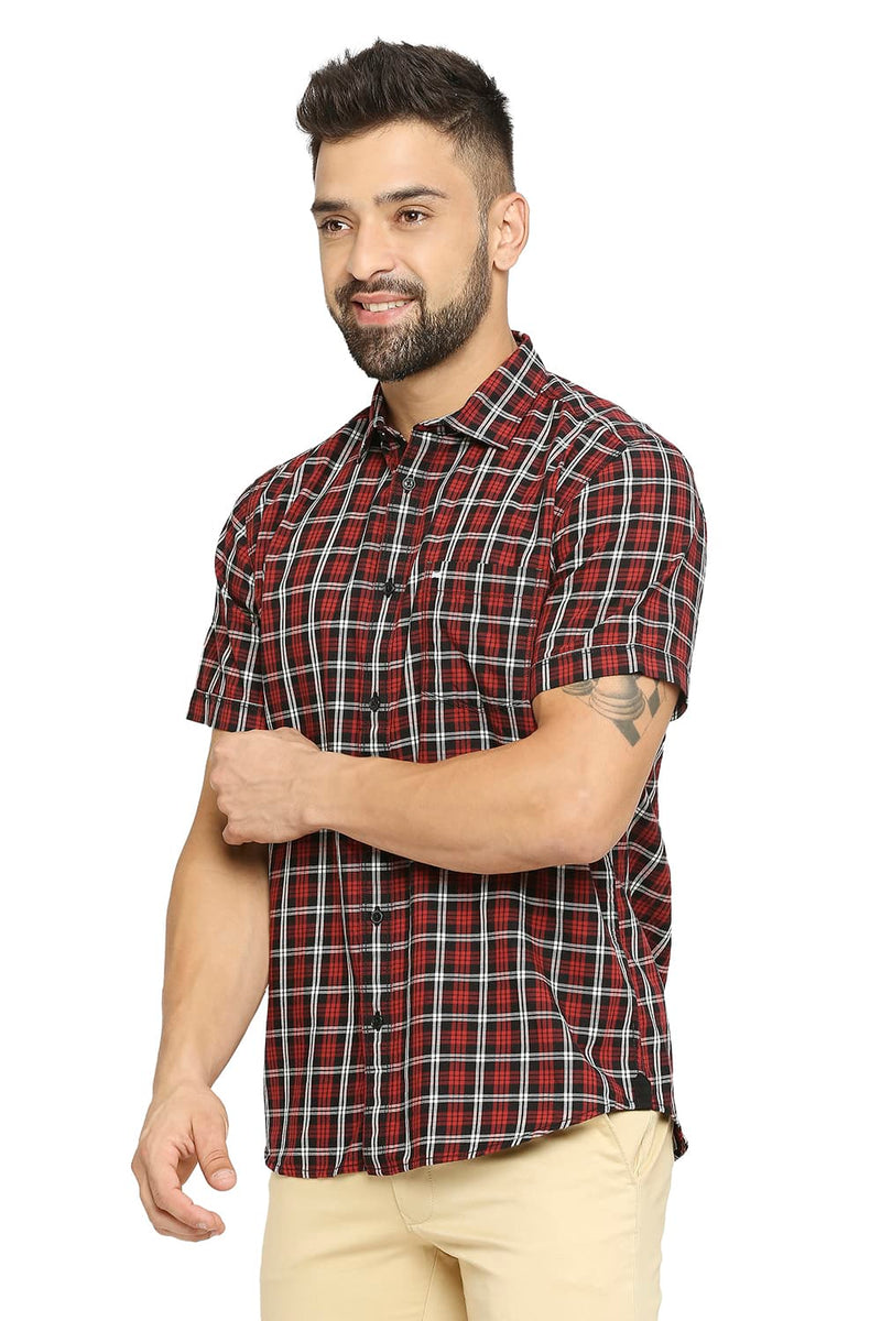 BASICS SLIM FIT COTTON TWILL CHECKS HALFSLEEVES SHIRT