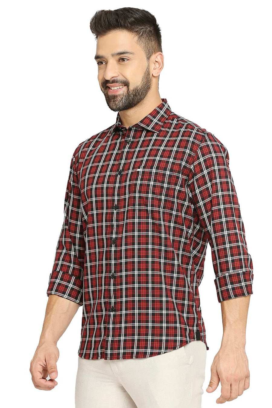 BASICS SLIM FIT SALSA RED COTTON TWILL CHECKS SHIRT