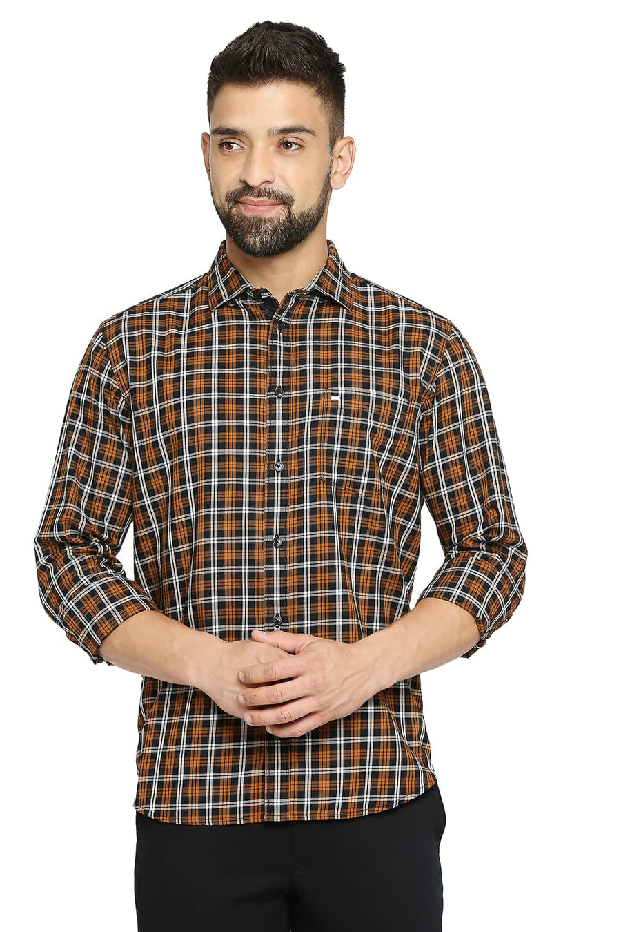 BASICS SLIM FIT OMBRE BLUE COTTON TWILL CHECKS SHIRT