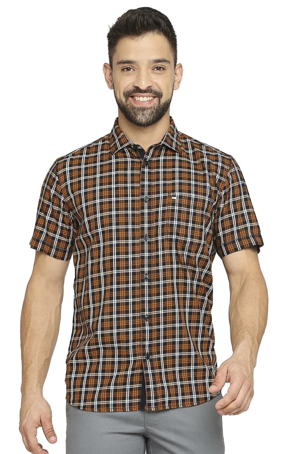 BASICS SLIM FIT COTTON TWILL CHECKS HALFSLEEVES SHIRT