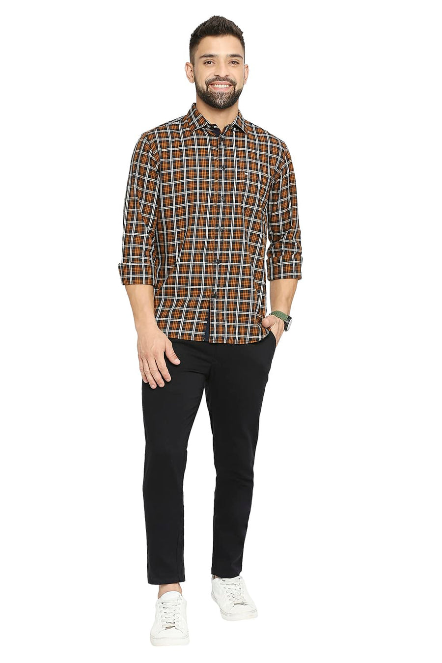 BASICS SLIM FIT OMBRE BLUE COTTON TWILL CHECKS SHIRT