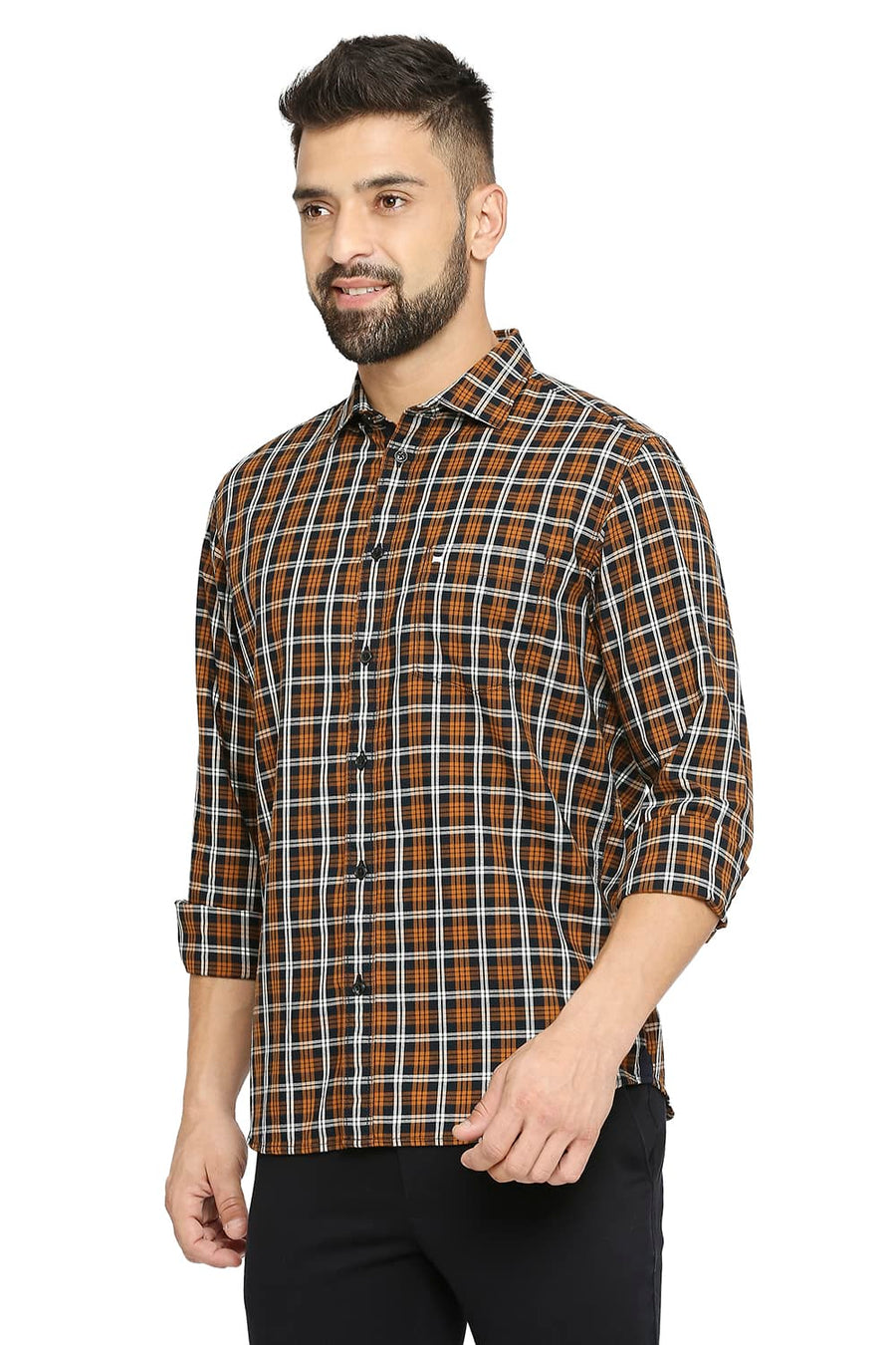 BASICS SLIM FIT OMBRE BLUE COTTON TWILL CHECKS SHIRT