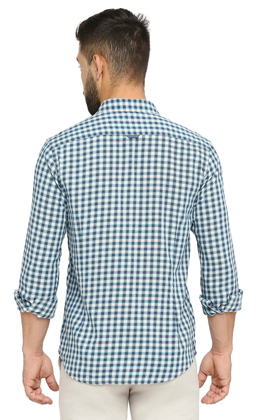 BASICS SLIM FIT SAILOR BLUE COTTON TWILL CHECKS SHIRT