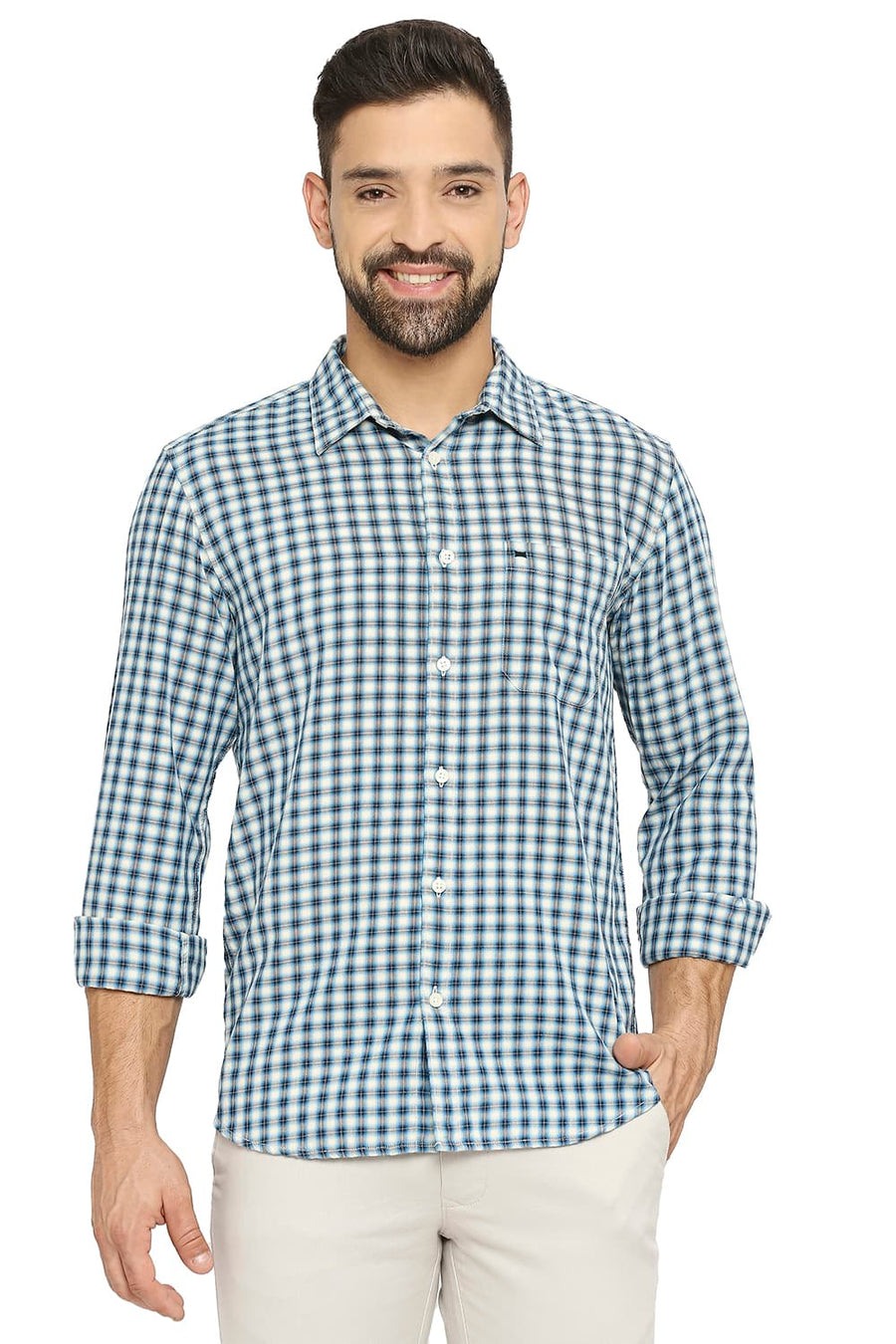 BASICS SLIM FIT SAILOR BLUE COTTON TWILL CHECKS SHIRT