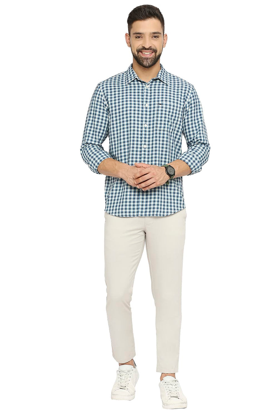BASICS SLIM FIT SAILOR BLUE COTTON TWILL CHECKS SHIRT