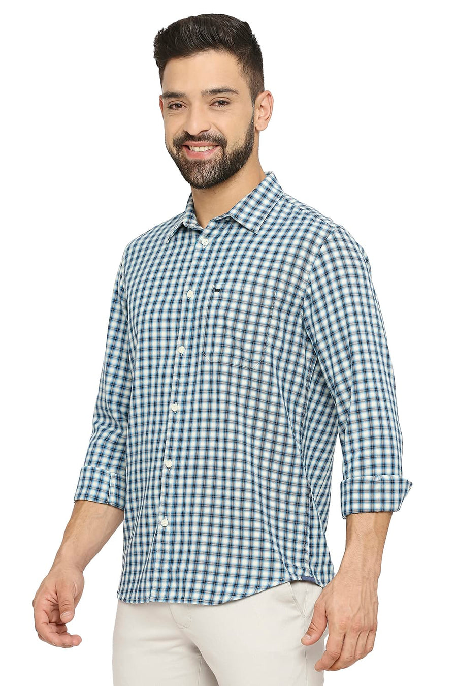 BASICS SLIM FIT SAILOR BLUE COTTON TWILL CHECKS SHIRT