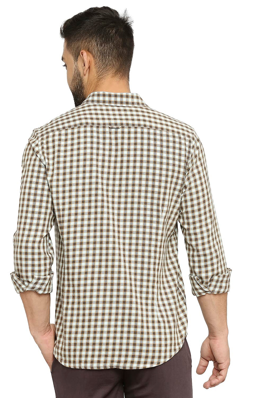 BASICS SLIM FIT TOASTED BROWN COTTON TWILL CHECKS SHIRT