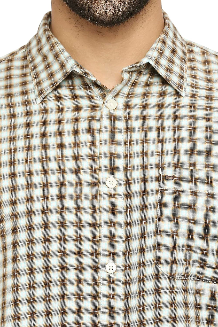 BASICS SLIM FIT TOASTED BROWN COTTON TWILL CHECKS SHIRT