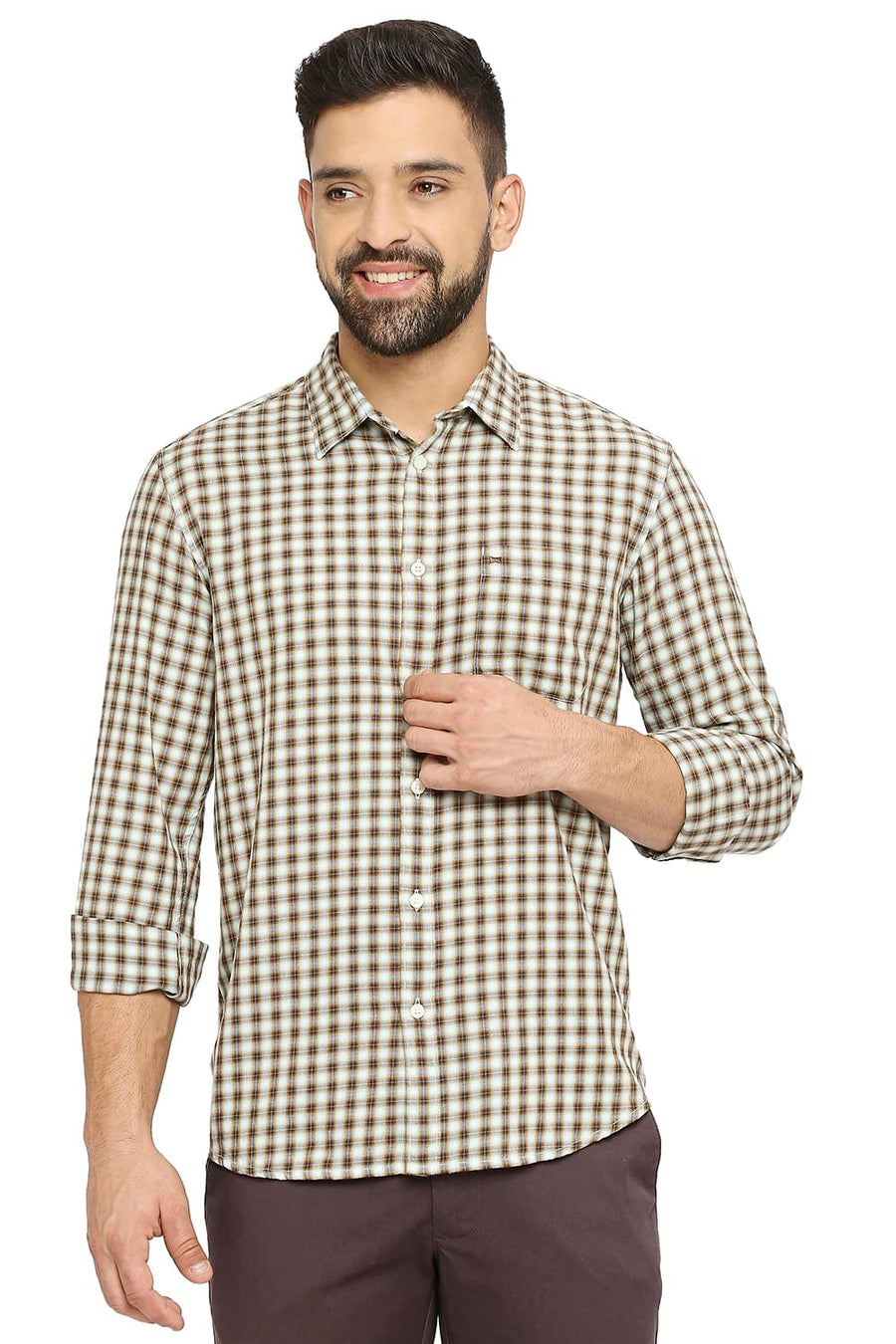 BASICS SLIM FIT TOASTED BROWN COTTON TWILL CHECKS SHIRT