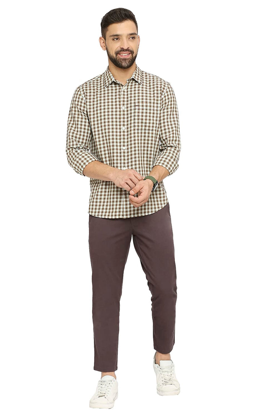 BASICS SLIM FIT TOASTED BROWN COTTON TWILL CHECKS SHIRT