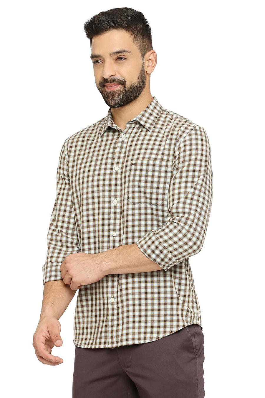 BASICS SLIM FIT TOASTED BROWN COTTON TWILL CHECKS SHIRT