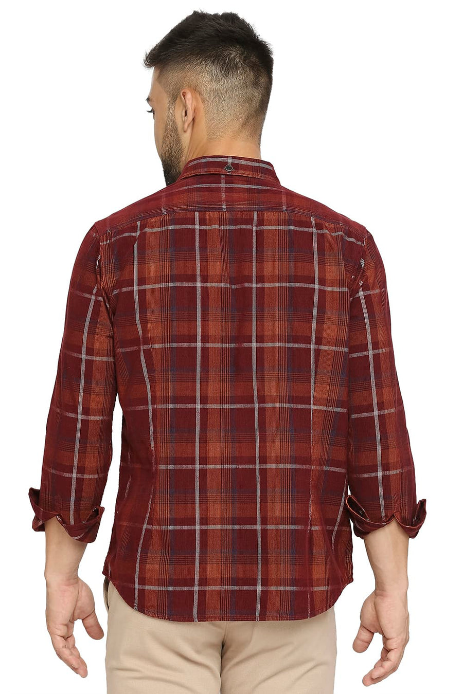 BASICS SLIM FIT SPICED APPLE RED COTTON CORDUORY CHECKS SHIRT