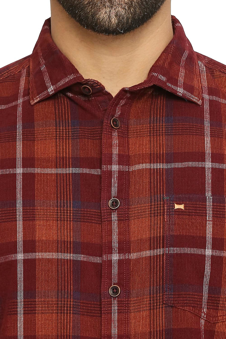 BASICS SLIM FIT SPICED APPLE RED COTTON CORDUORY CHECKS SHIRT