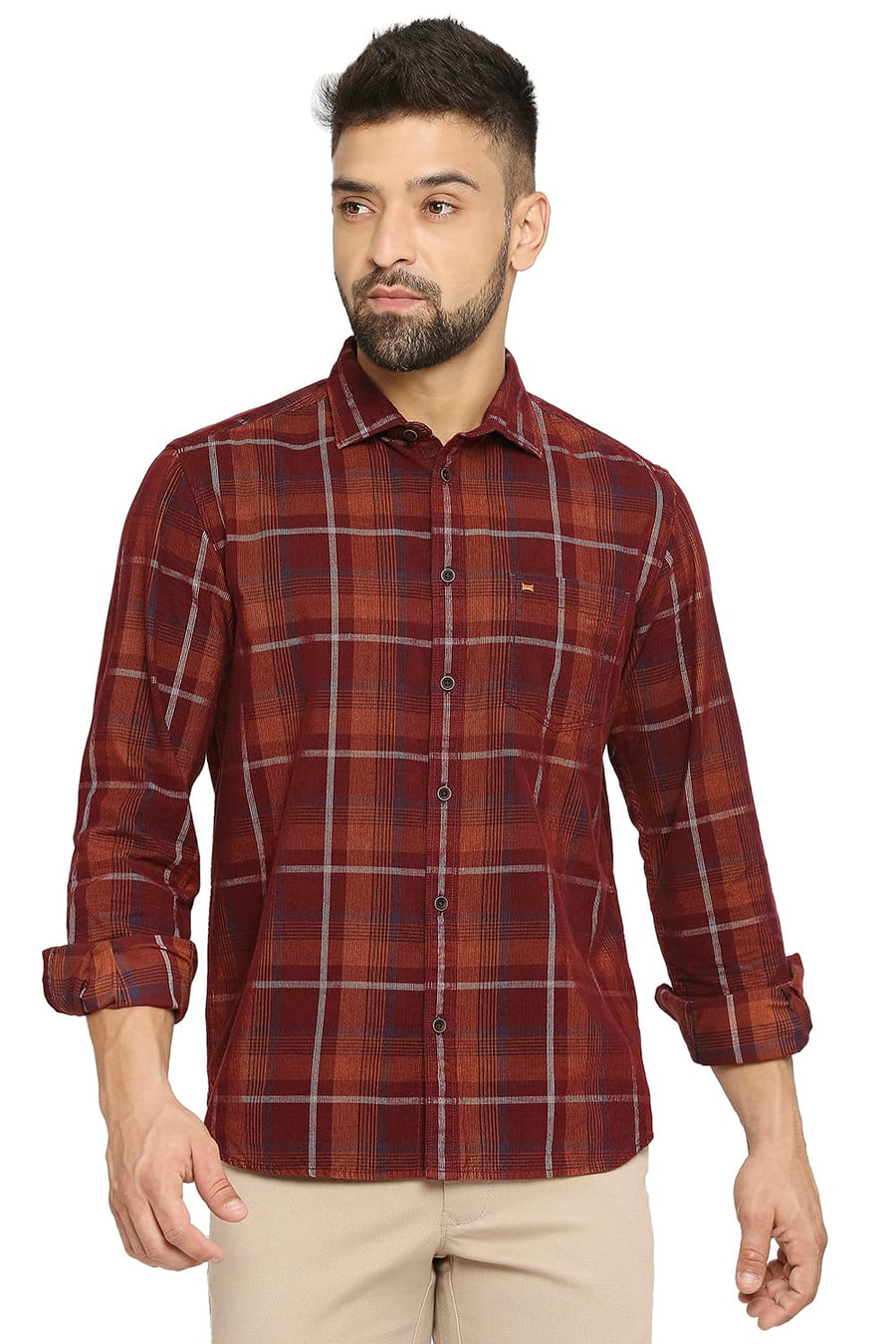 BASICS SLIM FIT SPICED APPLE RED COTTON CORDUORY CHECKS SHIRT