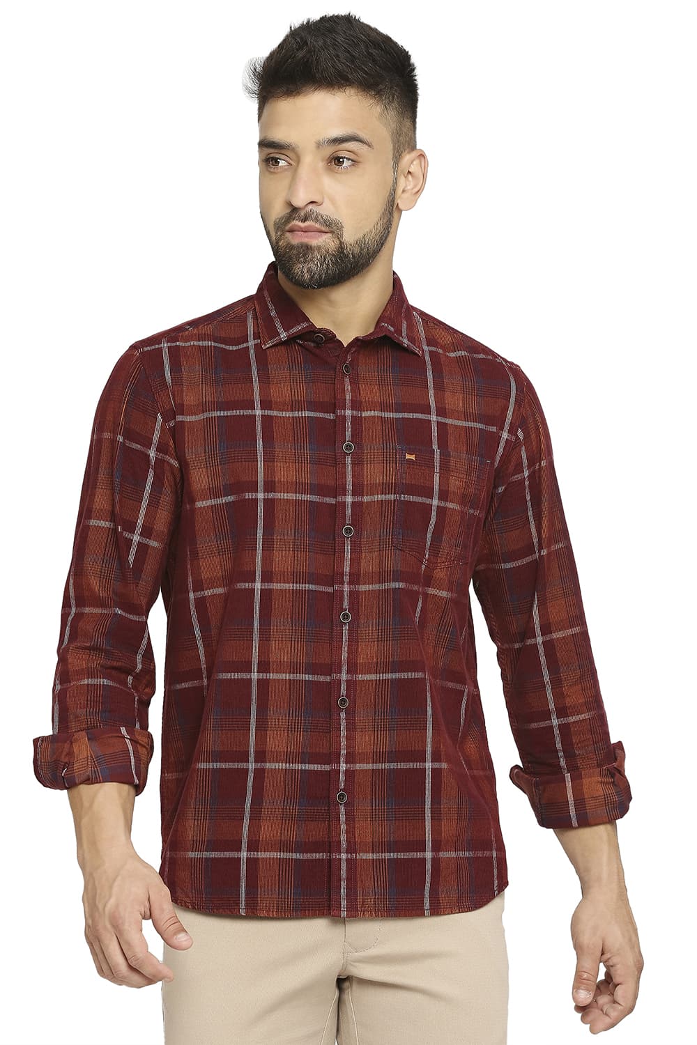 BASICS SLIM FIT COTTON CORDUORY CHECKS SHIRT