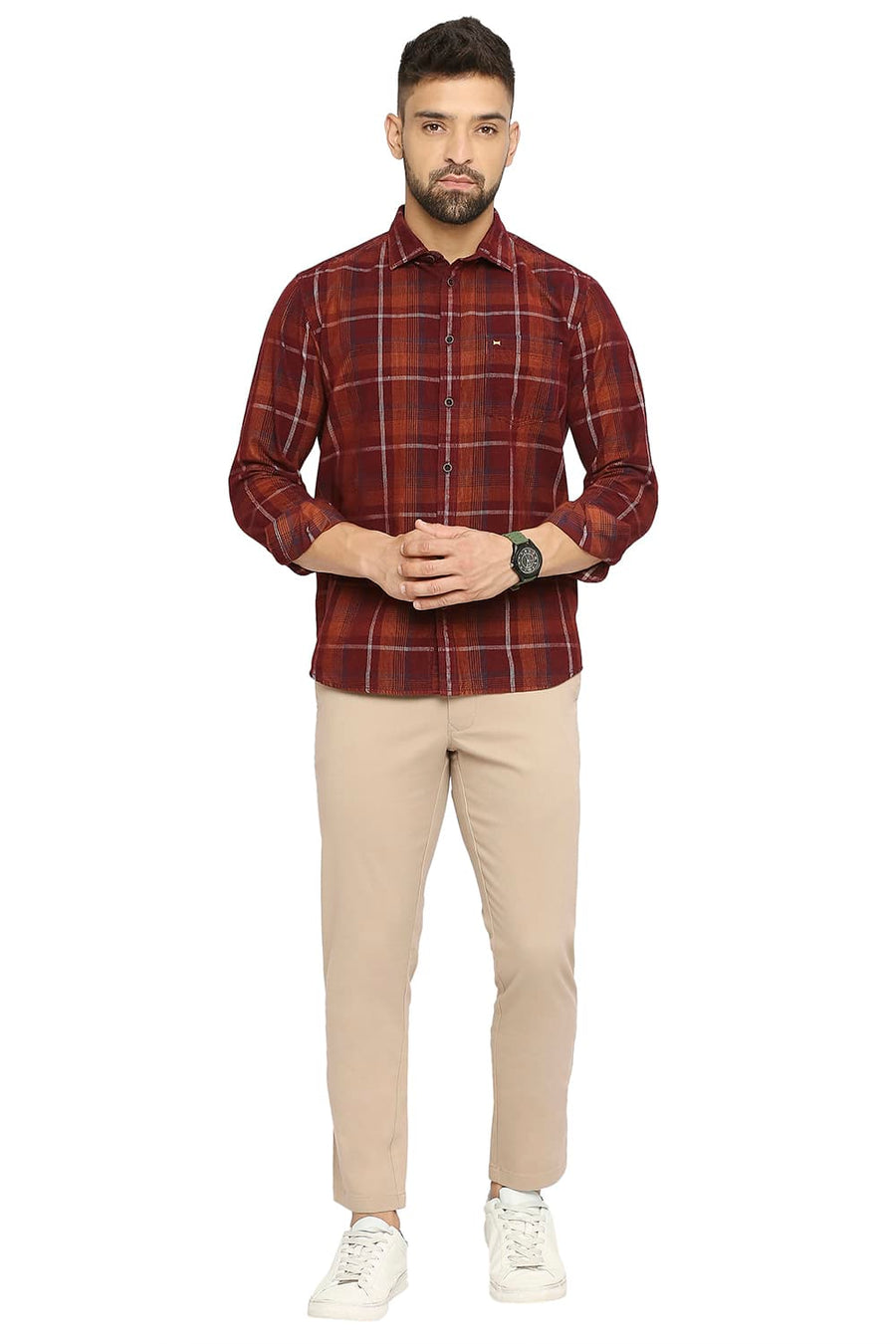BASICS SLIM FIT SPICED APPLE RED COTTON CORDUORY CHECKS SHIRT