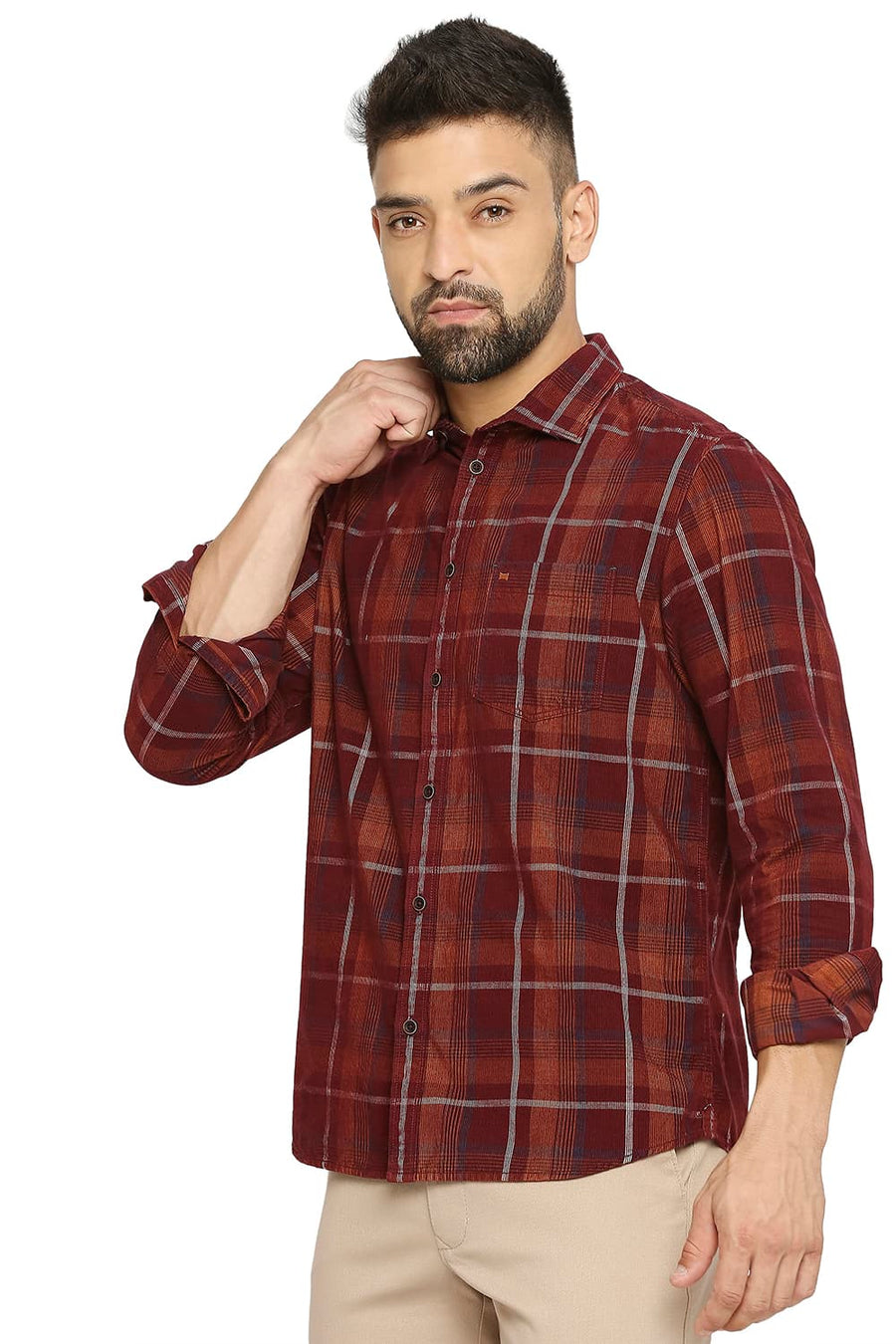 BASICS SLIM FIT SPICED APPLE RED COTTON CORDUORY CHECKS SHIRT