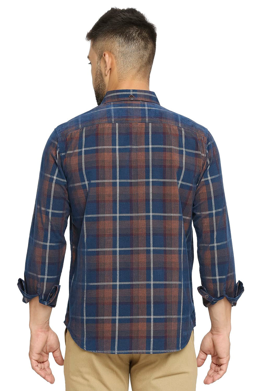 BASICS SLIM FIT SHADOW BLUE COTTON CORDUORY CHECKS SHIRT