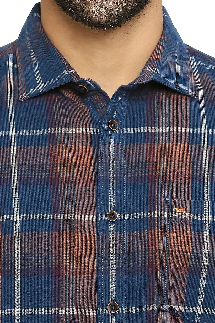 BASICS SLIM FIT SHADOW BLUE COTTON CORDUORY CHECKS SHIRT