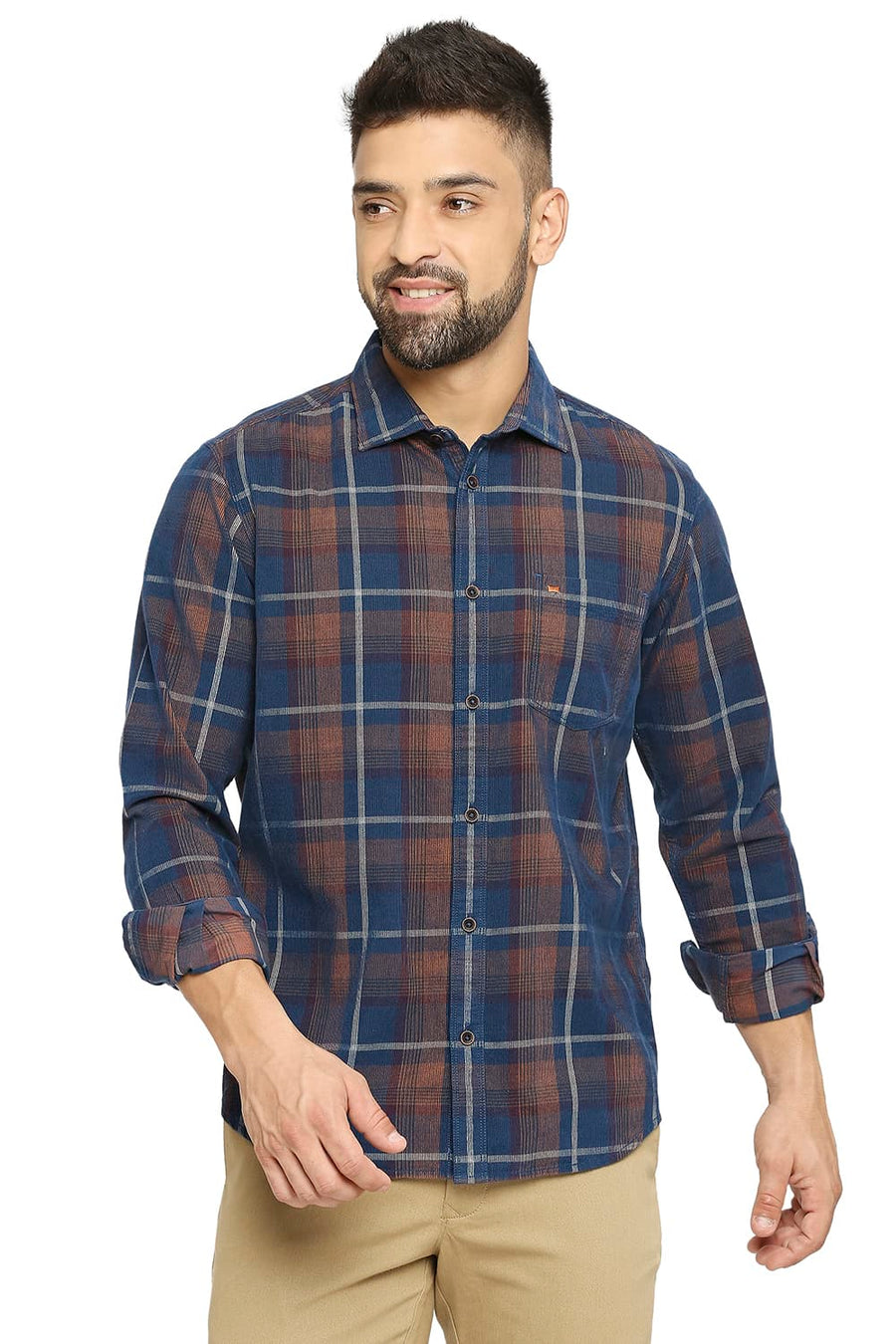 BASICS SLIM FIT SHADOW BLUE COTTON CORDUORY CHECKS SHIRT