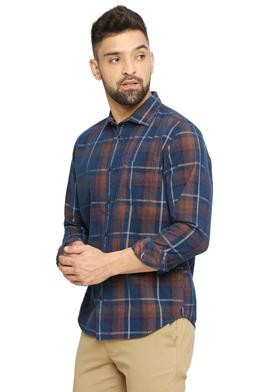BASICS SLIM FIT SHADOW BLUE COTTON CORDUORY CHECKS SHIRT