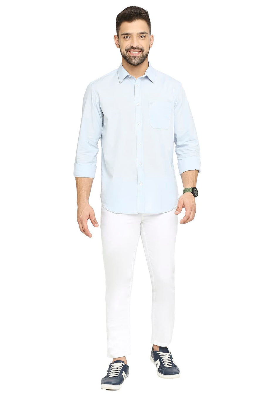 BASICS SLIM FIT CELESTIAL BLUE COTTON SLUB SHIRT
