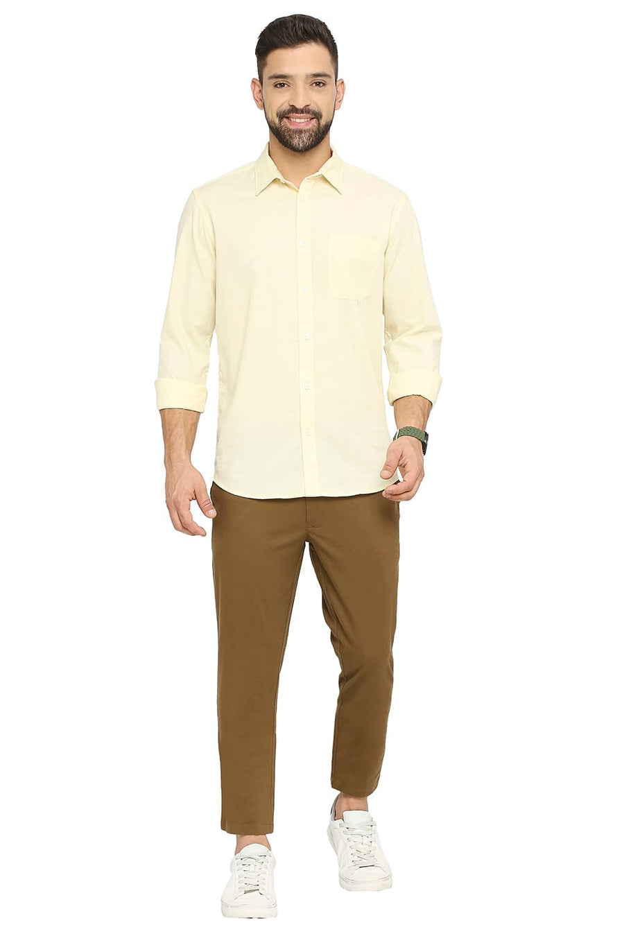 BASICS SLIM FIT ANISE YELLOW COTTON SLUB SHIRT