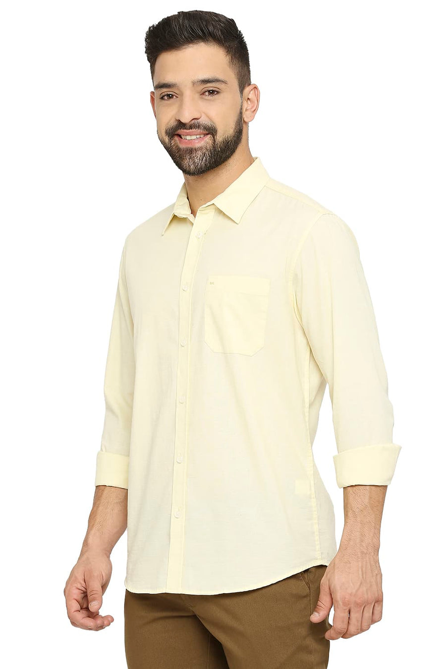 BASICS SLIM FIT ANISE YELLOW COTTON SLUB SHIRT