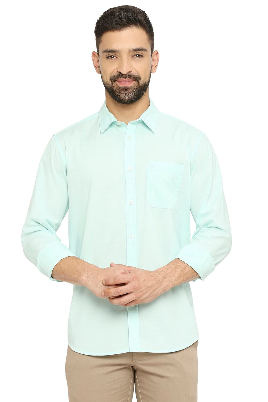 BASICS SLIM FIT OPAL GREEN COTTON SLUB SHIRT