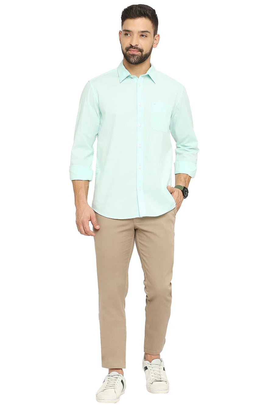 BASICS SLIM FIT OPAL GREEN COTTON SLUB SHIRT