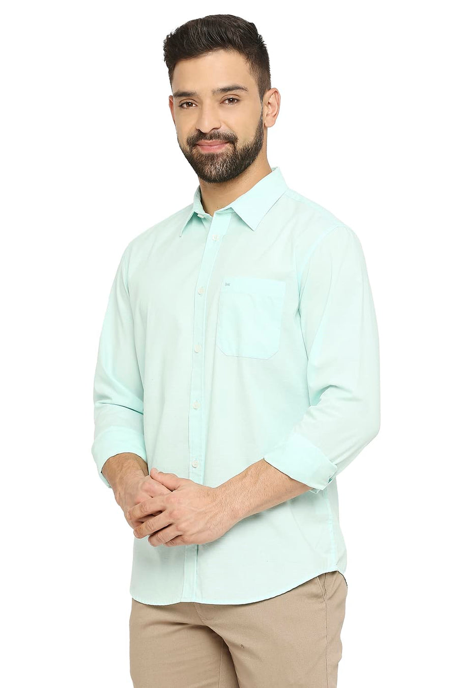 BASICS SLIM FIT OPAL GREEN COTTON SLUB SHIRT