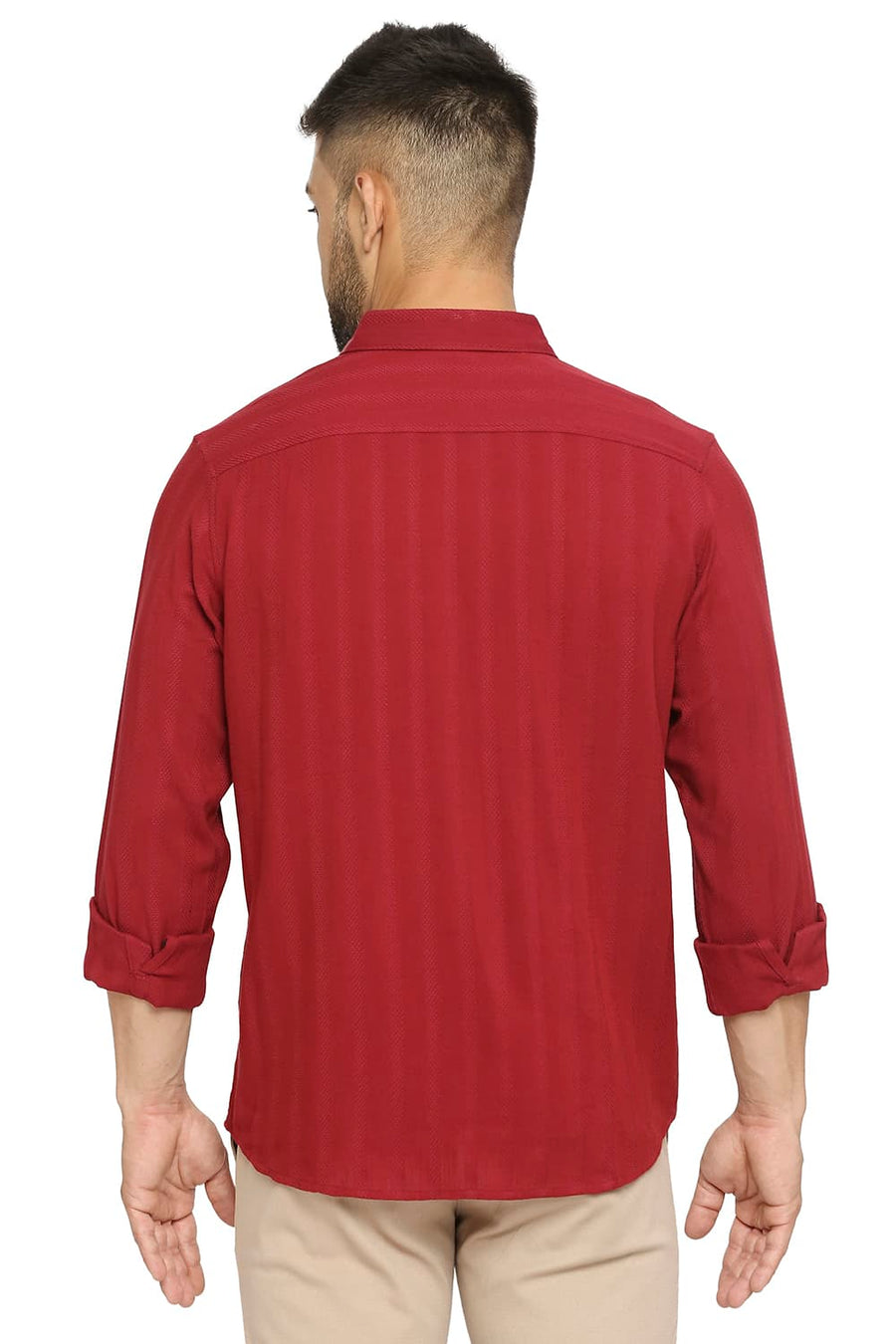 BASICS SLIM FIT TAWNY PORT MAROON COTTON VISCOSE DOBBY STRIPE SHIRT