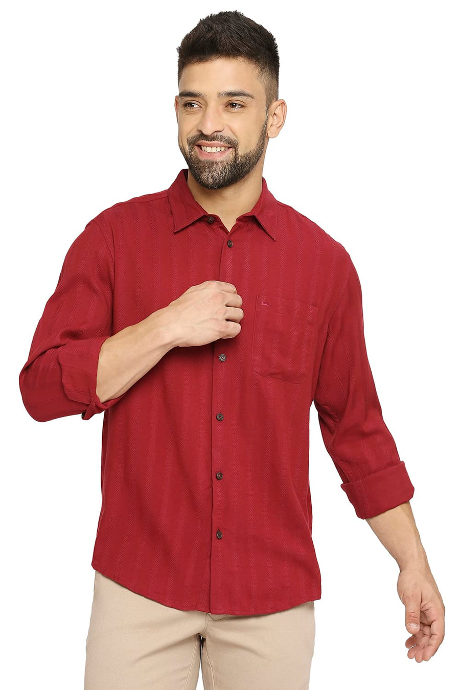 BASICS SLIM FIT TAWNY PORT MAROON COTTON VISCOSE DOBBY STRIPE SHIRT