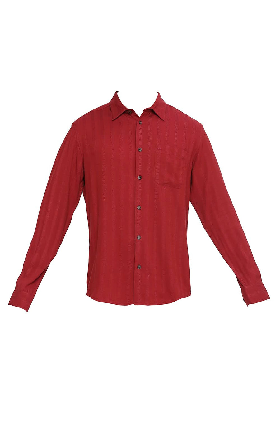 BASICS SLIM FIT TAWNY PORT MAROON COTTON VISCOSE DOBBY STRIPE SHIRT