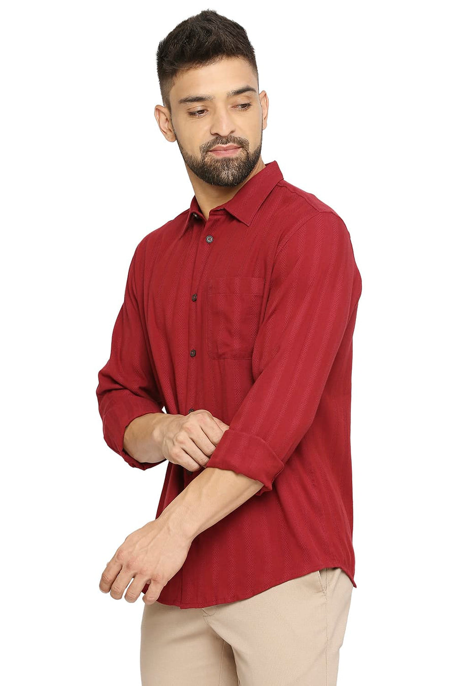 BASICS SLIM FIT TAWNY PORT MAROON COTTON VISCOSE DOBBY STRIPE SHIRT