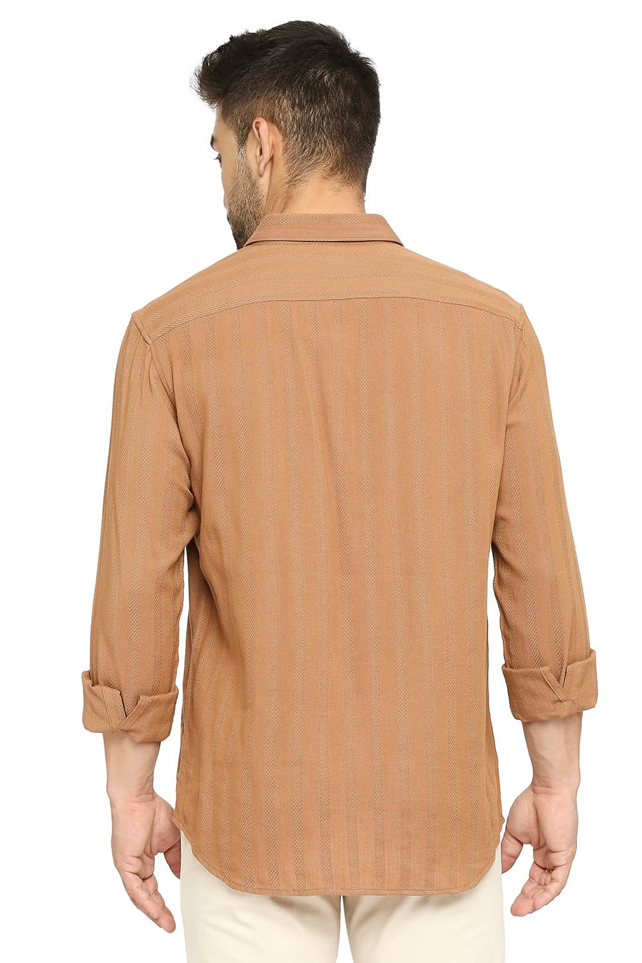BASICS SLIM FIT ALMOND BROWN COTTON VISCOSE DOBBY STRIPE SHIRT