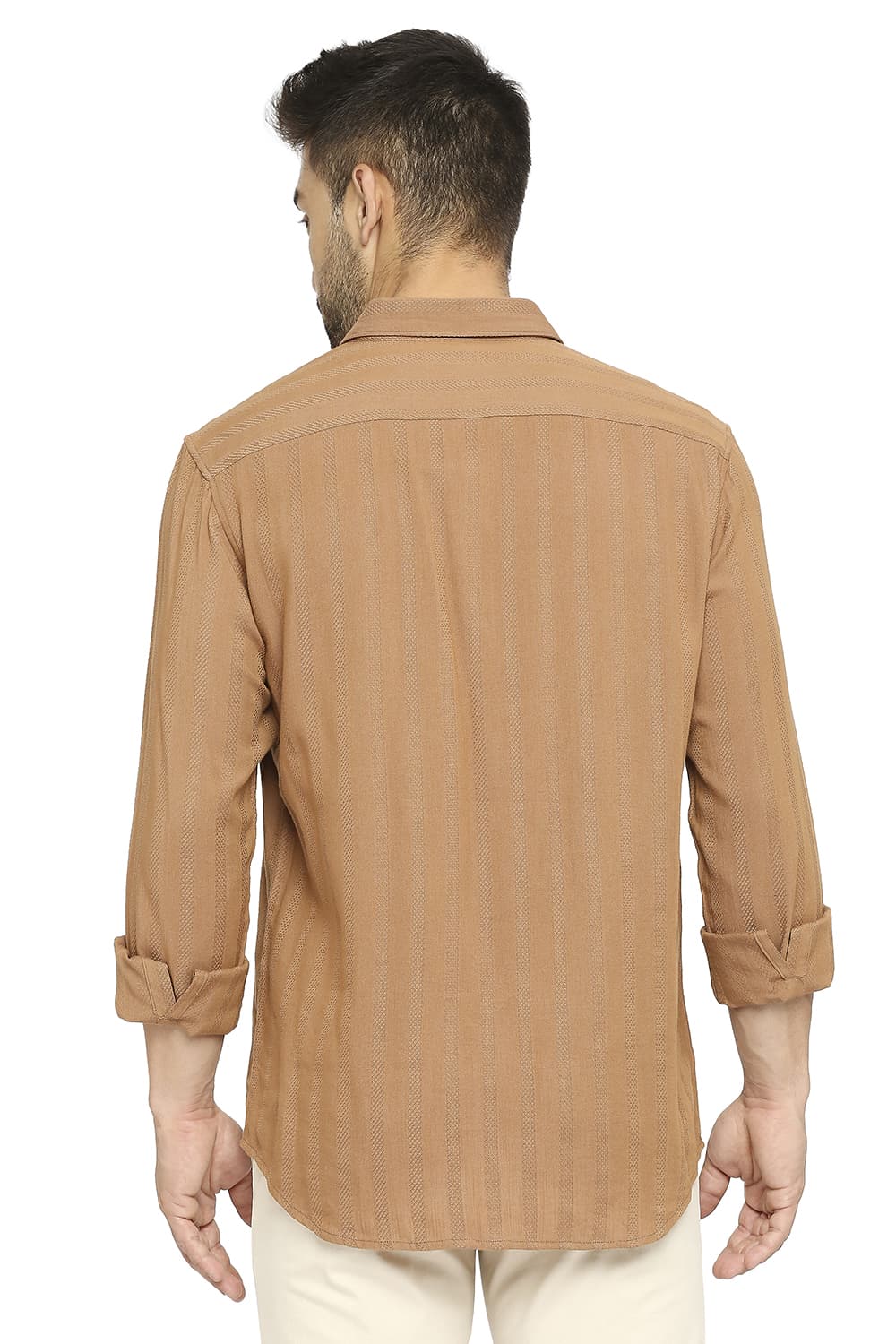 BASICS SLIM FIT COTTON VISCOSE DOBBY STRIPE SHIRT