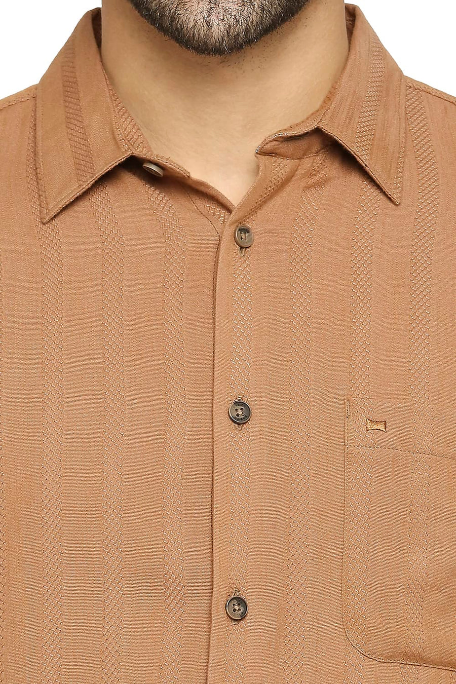 BASICS SLIM FIT ALMOND BROWN COTTON VISCOSE DOBBY STRIPE SHIRT